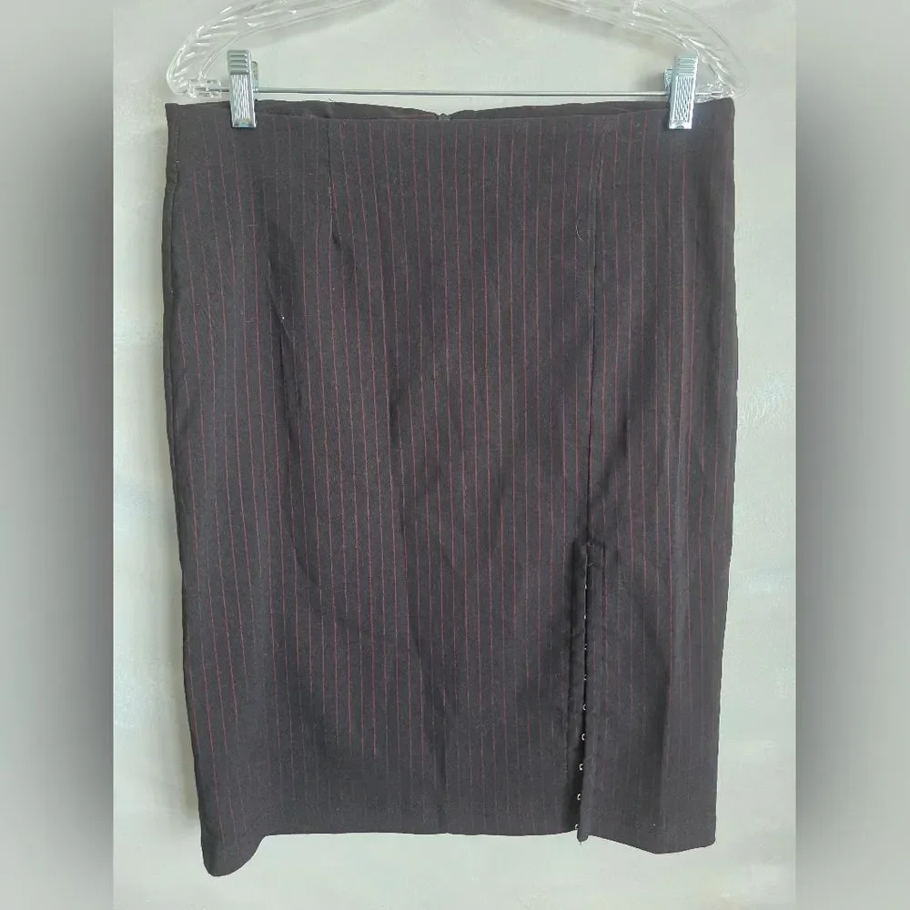 Vtg Black Pencil Skirt with Red Pinstripes Front Slit Split Hook Eye Sz 7/8 Y2K